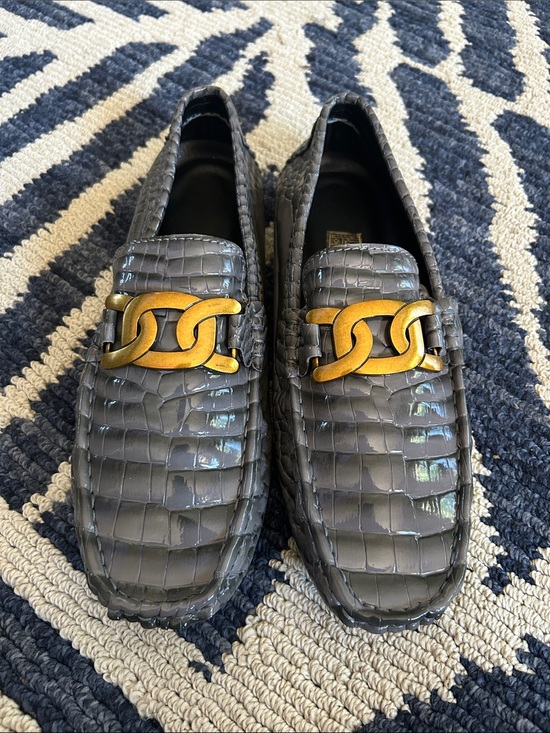 Other - Black Croc-Embossed Slip-On Loafers with Gold Chain Accent